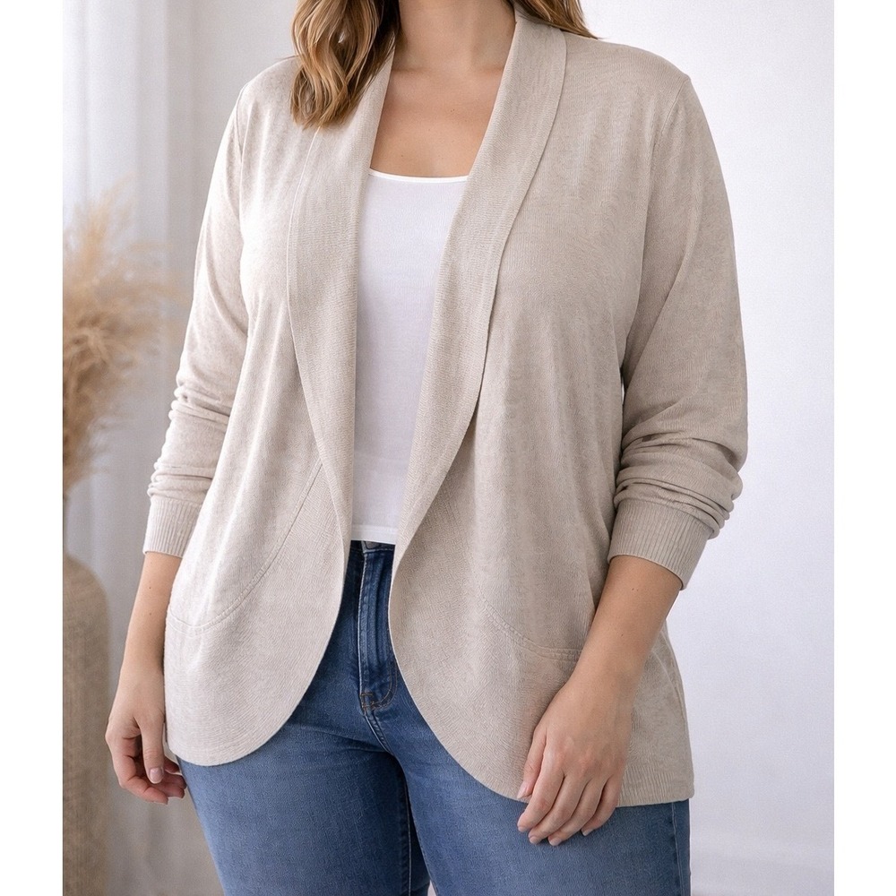 89th + Madison Womens 3X Oatmeal Beige Open Front Shawl Collar Cardigan Sweater